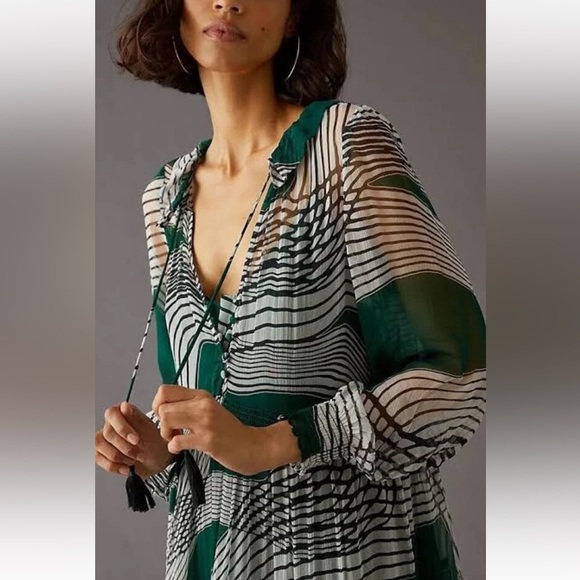 Anthropologie Marais Green Printed Chiffon Maxi Dress Size XS - Picture 4 of 15
